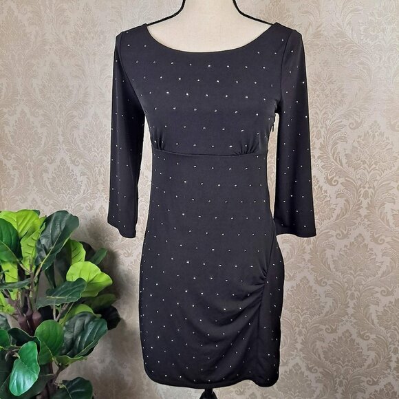 Calvin Klein Size 2 Black Dress Silver Studs Ruching Empire Waist Back Detail - Picture 1 of 14